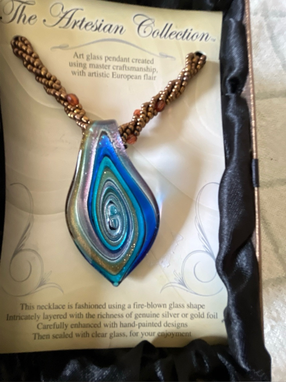 Artesian Collection Blue Teardrop Art Glass Pendant Necklace NIB
